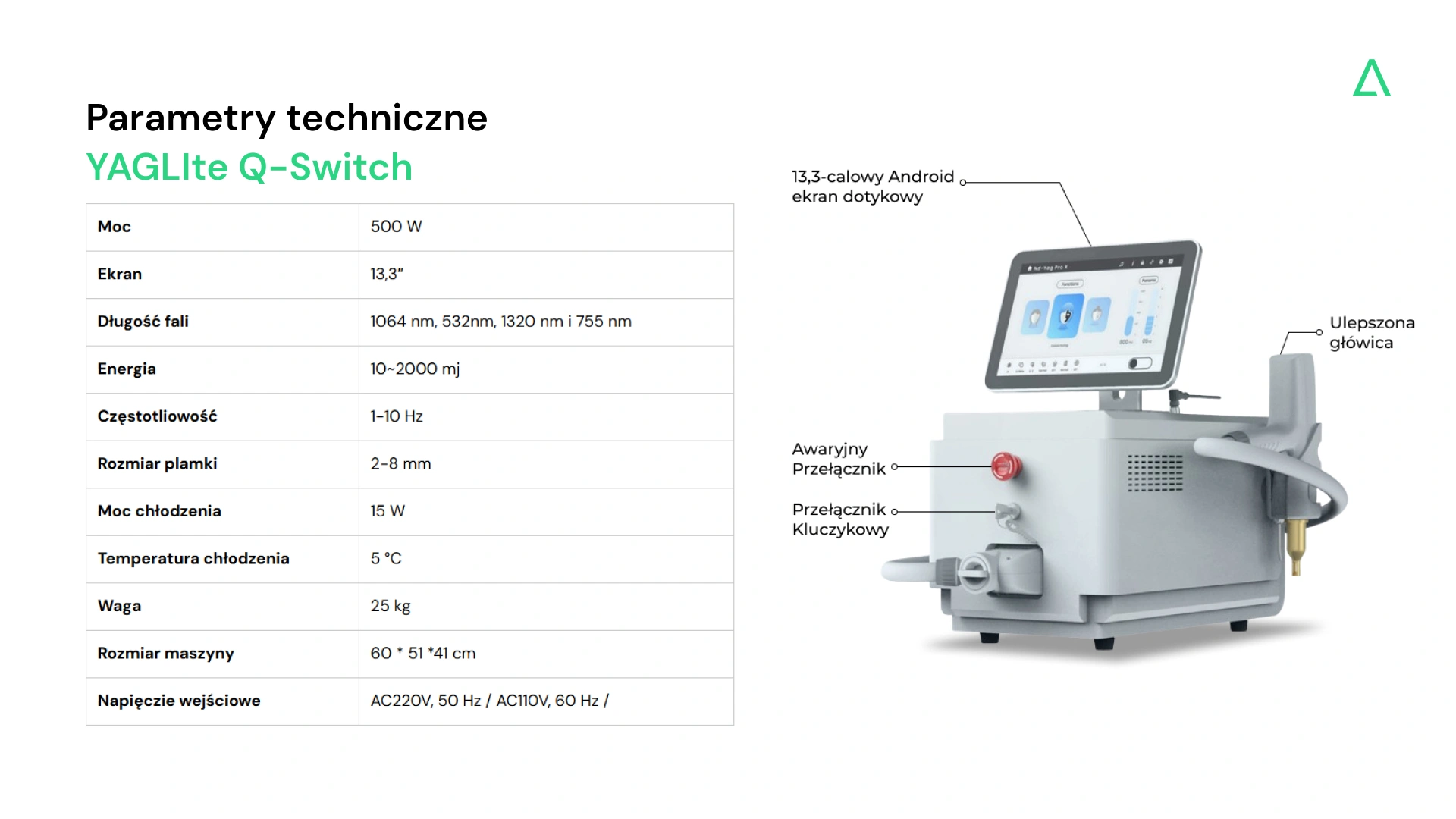 sprzęt do laserowego usuwania tatuaży, parametry techniczne YAGLIte Q-Switch
